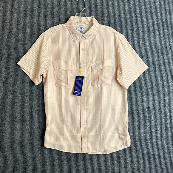 Aftco Mens Orange Plaid Button Up Shirt Size Small UPF 50 Short Sleeve New - Picture 1 of 9